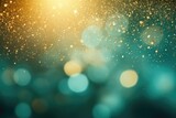 Abstract blue background with light green yellow and gold particle. Spring Golden light shine particles bokeh on pastel green yellow background. Gold foil texture. Sun rays Spring fresh copy space