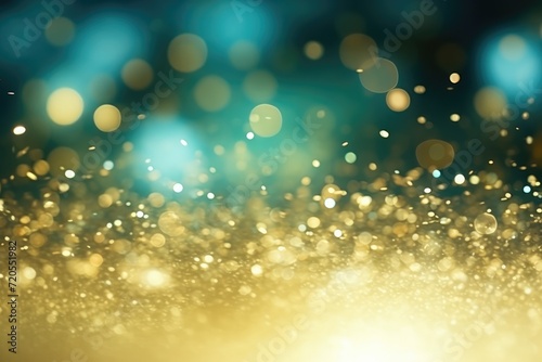 Abstract blue background with light green yellow and gold particle. Spring Golden light shine particles bokeh on pastel green yellow background. Gold foil texture. Sun rays Spring fresh copy space