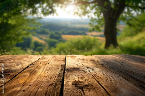 Agricultural Empty Wooden Table with Farm Scene Blur