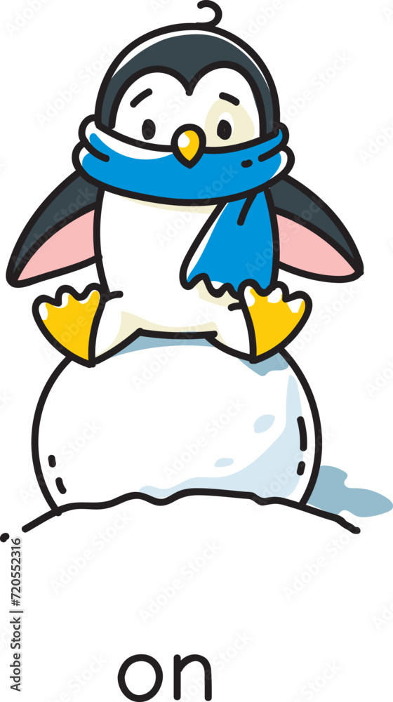 Naklejka premium Preposition of place. Penguin on the snowball