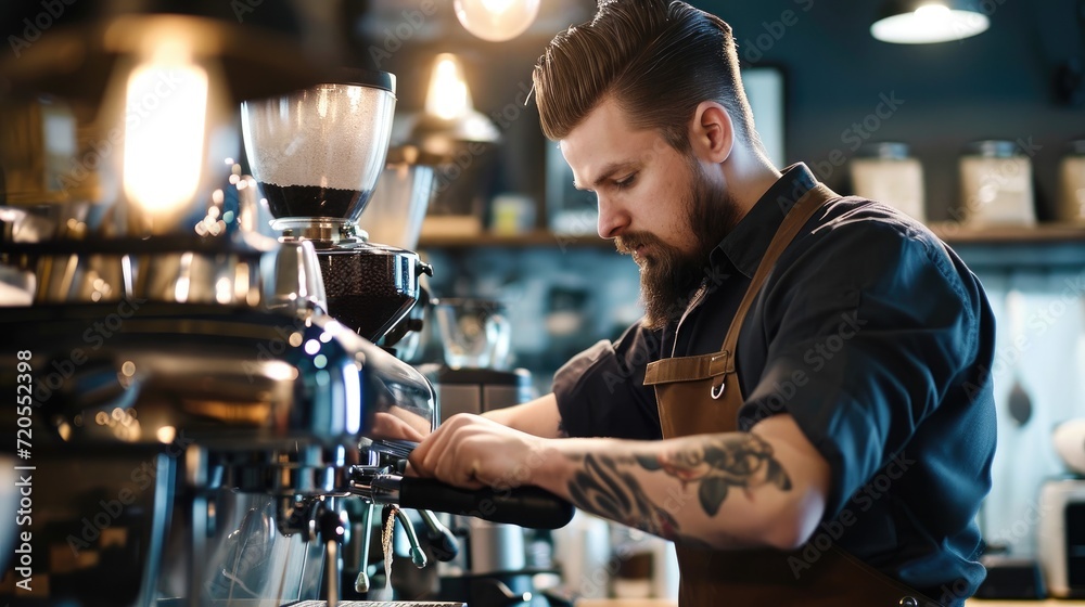 Naklejka premium Barista Making Coffee Preparation in a coffee shop.