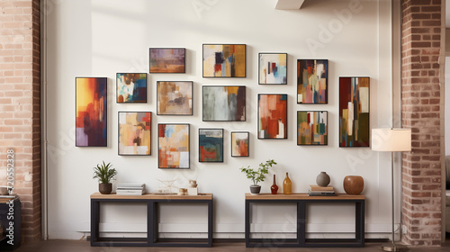 Modern Art Gallery Wall: A Collection of Abstract Paintings Displayed on a Brick Wall Interior with Chic Console Tables and Minimalist Decor. © Marina