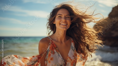 Beautiful happy young woman smiling at the beach Beautiful girl enjoying a sunny day, having fun on a summer vacation.