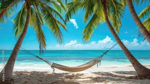 Beachside Relaxing Hammock Scene hung between palm trees on a tropical beach. © Thanaphon