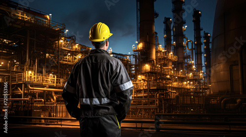 Engineer Overlooking Nighttime Industrial Plant.A male engineer in safety gear is standing with his back to the camera, observing the operations of a large industrial plant at night.