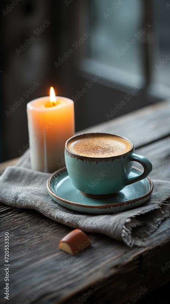 cup of coffee with a candle next to it