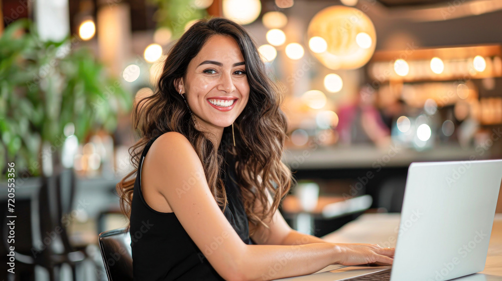 Happy Entrepreneur Working at Trendy Café.A cheerful young entrepreneur enjoys working on her laptop at a cozy, well-lit café with a vibrant, welcoming atmosphere. Happy Entrepreneur Working at Trendy Café.A cheerful young entrepreneur enjoys working on her laptop at a cozy, well-lit café with a vibrant, welcoming atmosphere.