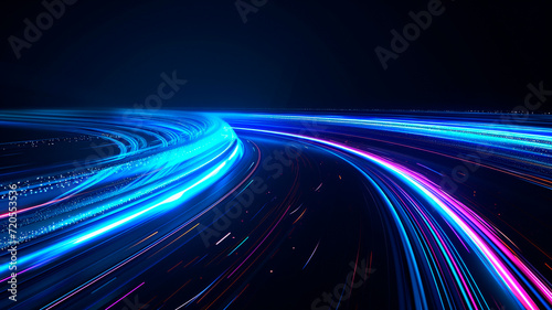 A photograph of a road with multicolored lights on it. which create the effect of movement. night road. long exposure. Generative AI © Yuriy Maslov