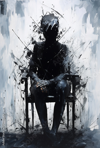 Abstract conceptual art silhouette of sad and depressed man sitting in a dark room.Digital art painting for book illustration,background wallpaper, concept art.