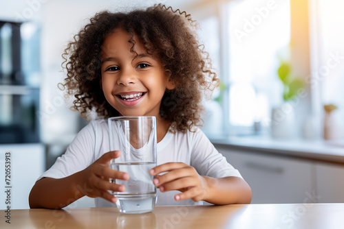 A small child drinks fresh Water in the Kitchen in close-up, a cute preschool child holds a glass of pure mineral water, enjoying a healthy lifestyle and the concept of refreshment photo
