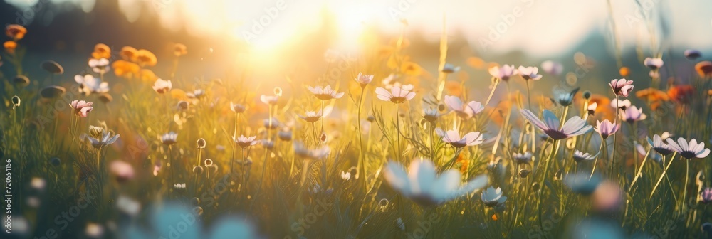 Orange purple blue Flowers over Greenery Meadow Banner Background. Colorful spring panoramic colorful wildflowers at green field, sunset sky sun rays background bokeh. Copy space