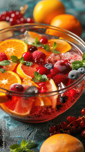 creative and colorful fruit punch served in a decorative punch bowl,