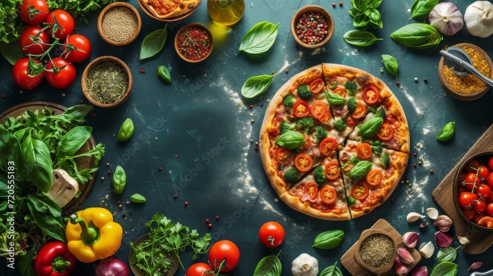 An artisanal veggie pizza sits at the center, surrounded by fresh ingredients on a dark slate background, creating a natural frame with room for copy on the sides.