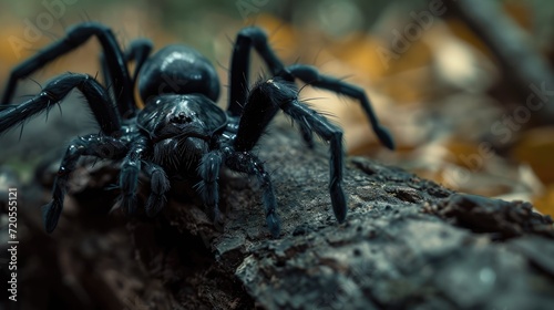 Forest Predator: Deadly Funnel-Web Spider, Captured in a Close-Up Shot, Crawls on a Tree Branch, Unveiling Its Large Fangs and Black, Venomous Appearance in the Heart of the Forest.      © Mr. Bolota
