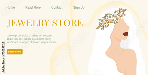 Luxury banner for online jewelry store, bride store. Beautiful young woman in flower wreath.
