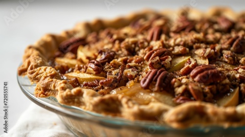 Side view of a Pecan Crusted Apple Pie against a white backdrop