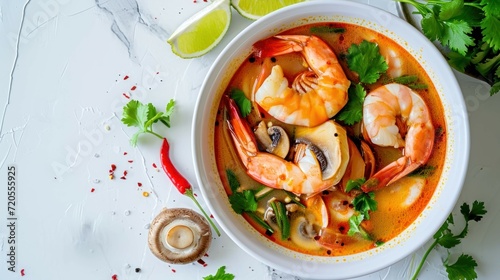 Top down shot of a classic Tom Yum Goong on a white background