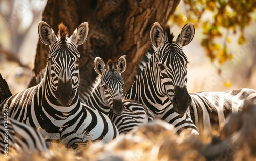 zebra family resting under a tree
