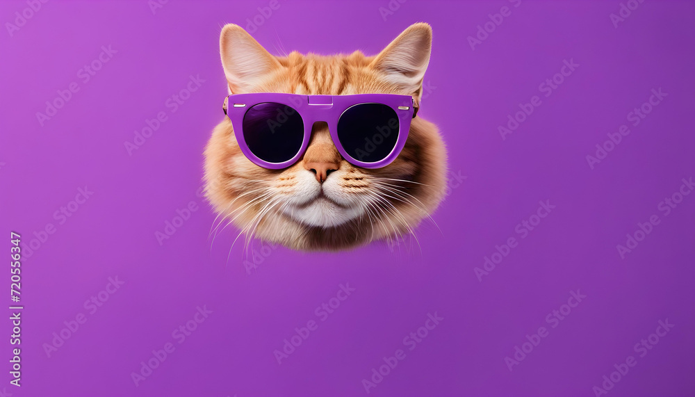 Cat face with sunglasses on his head on a violet background