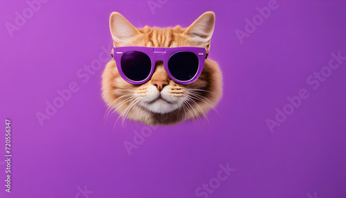 Cat face with sunglasses on his head on a violet background © iqra