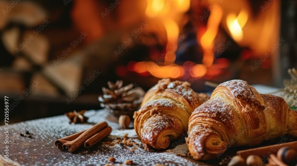 Cinnamon Sugar Croissant against a cozy winter fireplace