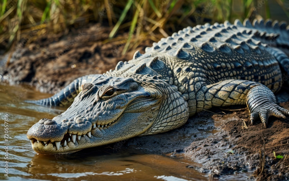 crocodile basking on a riverbank