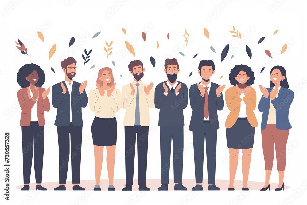 Obraz premium Happy people applauding and celebrating success vector illustration isolated on copy space white background, Focus on the joy and appreciation in their expressions, Successful business team clapping