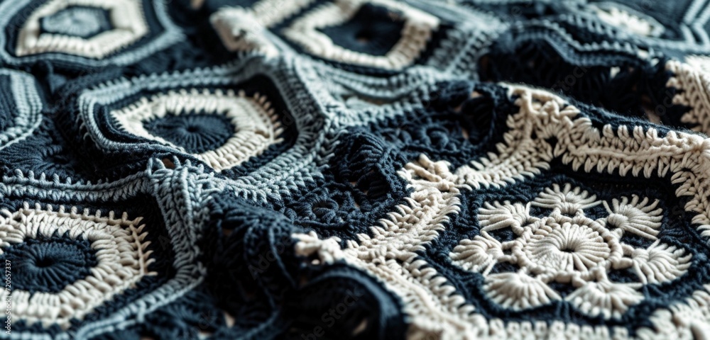 the spellbinding details of a hexagon motif crochet design, capturing the play of light and shadow that accentuates its mesmerizing intricacies.