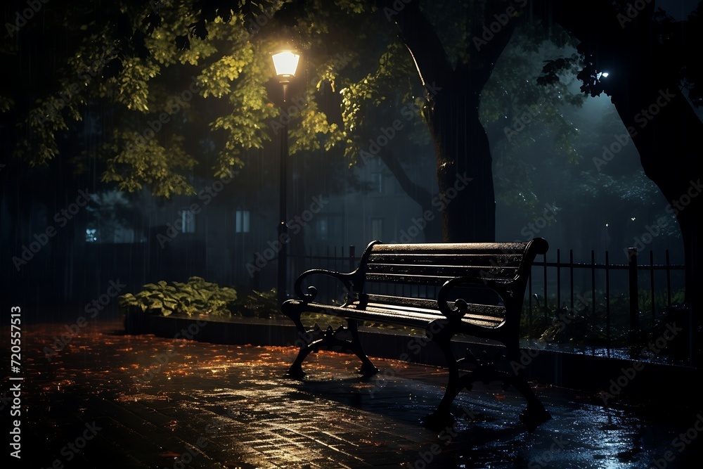 Bench in the rain at night in the park. Selective focus