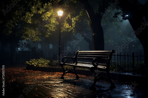 Bench in the rain at night in the park. Selective focus