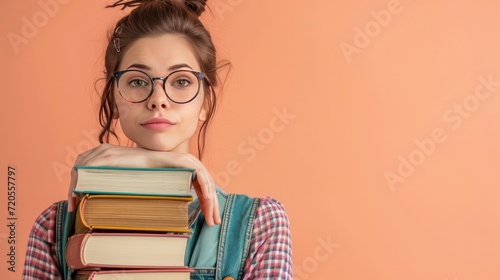 A studious librarian with glasses confidently holding a stack of books.