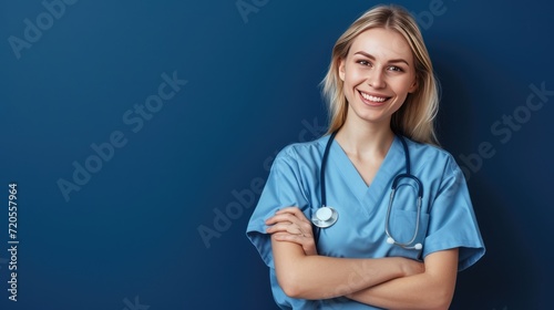 Friendly nurse in scrubs with a warm smile offering comfort and support to patients. photo