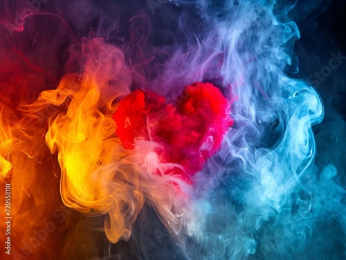 Abstract colored smoke with a burning heart inside. Explosion of colored powder. Texture background for design, wallpaper, poster, banner.