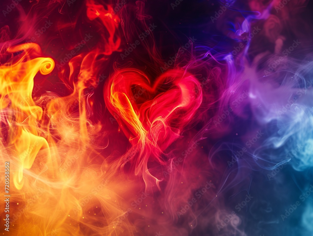 Abstract colored smoke with a burning heart inside. Explosion of colored powder. Texture background for design, wallpaper, poster, banner. Abstract colored smoke with a burning heart inside. Explosion of colored powder. Texture background for design, wallpaper, poster, banner.