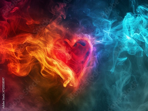 Abstract colored smoke with a burning heart inside. Explosion of colored powder. Texture background for design  wallpaper  poster  banner.