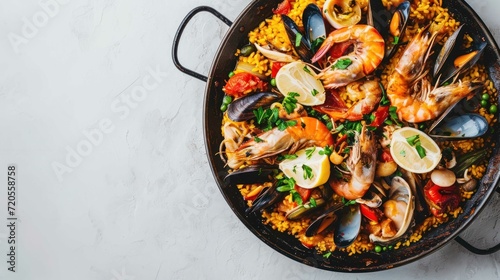 Overhead shot of a Mixed Paella on a minimalist white background
