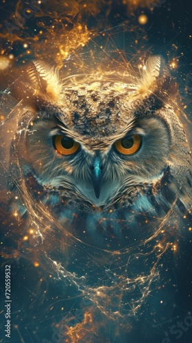 Cosmic journey, mystical essence of a cosmic owl, symbolism shamanism and witchcraft.