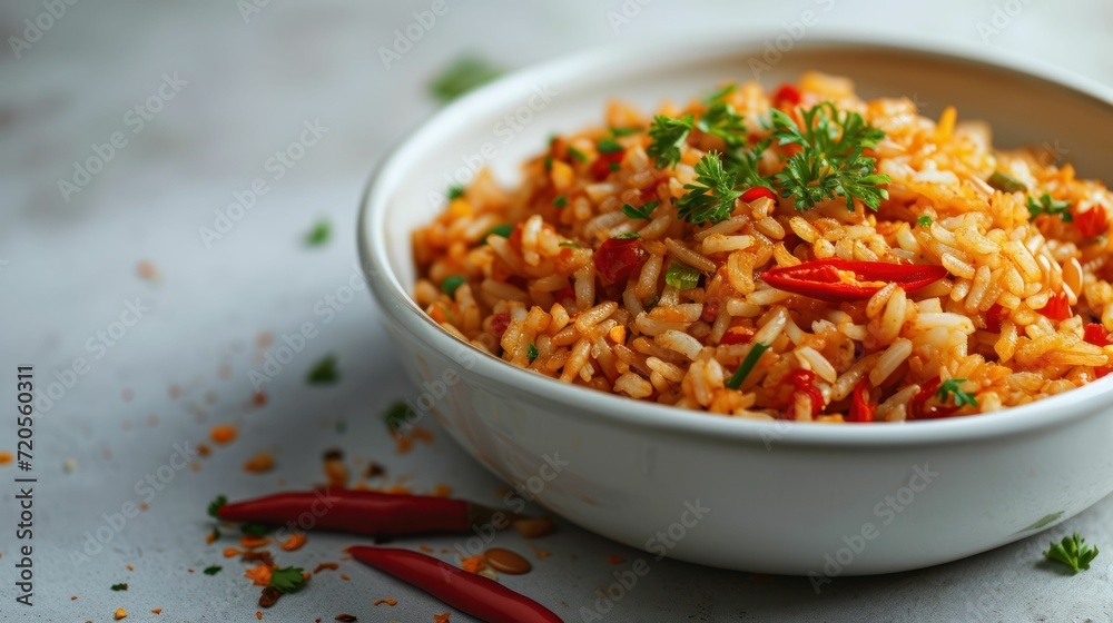 Close up shot of Spicy Fried Rice with Extra Chili against white background