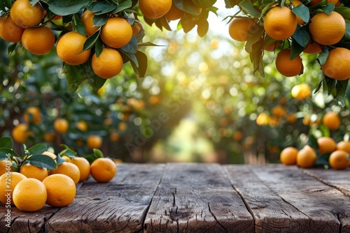 A wooden table is covered with an abundance of oranges, in summer garden landscape background 