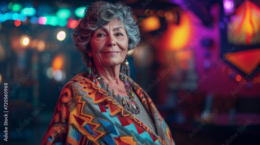 Beautiful mature woman dressed in poncho posing in holiday decorated bar with lights bulb