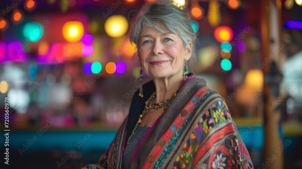 Beautiful mature woman dressed in poncho posing in holiday decorated bar with lights bulb
