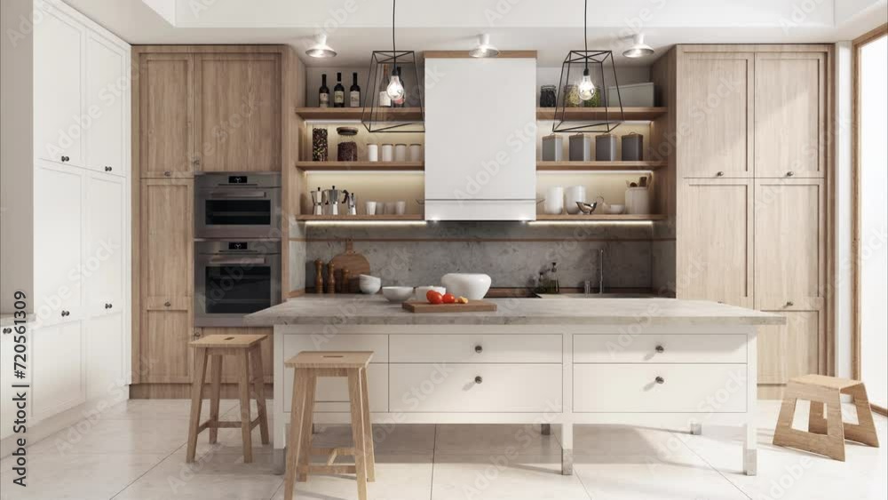 17Kuchnia02x6Animation of a modern, decorative and spacious kitchen, presenting the same interior in different color versions with changing decors, shades and finishing materials. 3D animation.