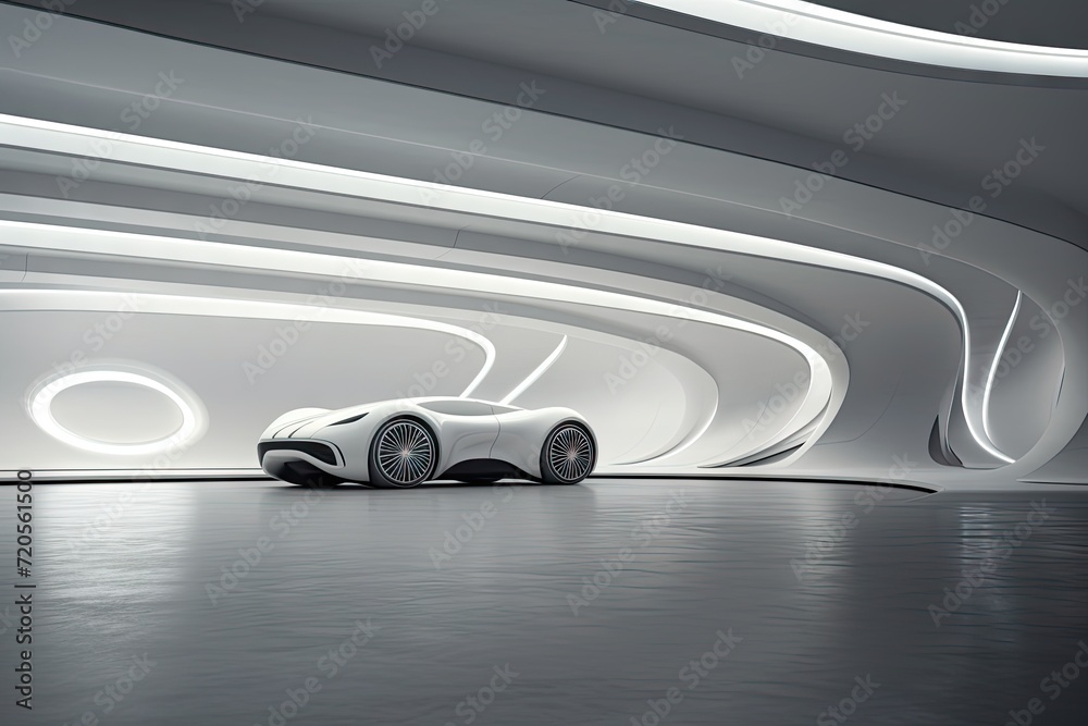 Futuristic Concept Car in Sleek Modern Showroom