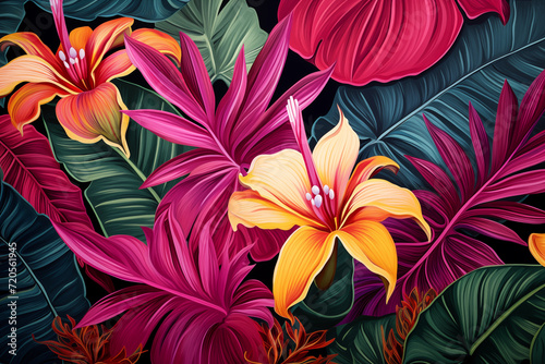 Vibrant flower pattern with tropical palm leaves and flowers. Mother's day, women's day, wedding card concept