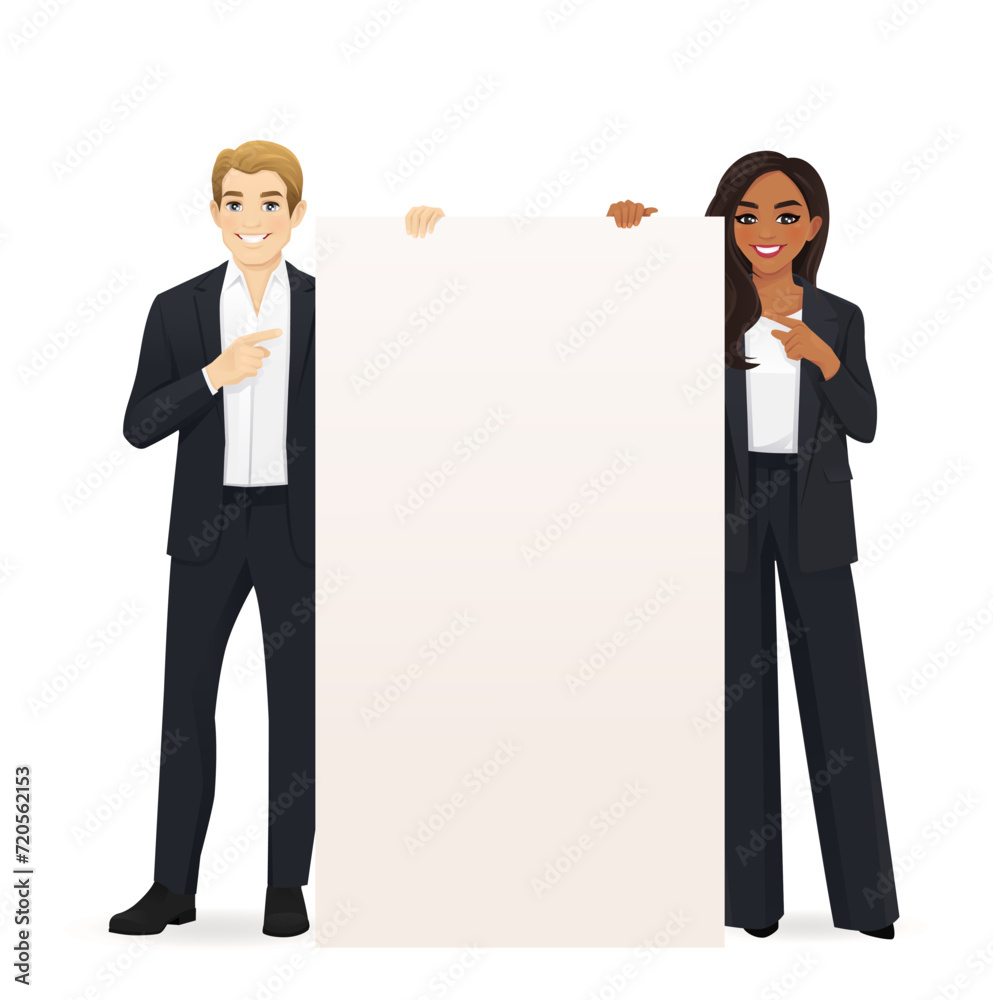 Smiling business man and woman standing behind and pointing to the empty blank board isolated vector illustration Smiling business man and woman standing behind and pointing to the empty blank board isolated vector illustration