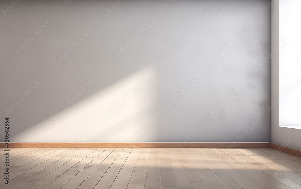Light gray empty wall with wooden floor and glare of sun from window.
Light gray empty wall with wooden floor and glare of sun from window.