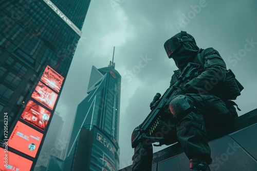 Cyborg soldier crouched on a city building. Future urban warfare and special operation concept. Futuristic army and police. Design for banner, poster