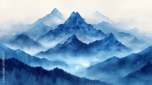 Watercolor landscape featuring a mountain view, Misty mountains watercolor background. Beautiful simple painting of mountains. © nataliia_ptashka