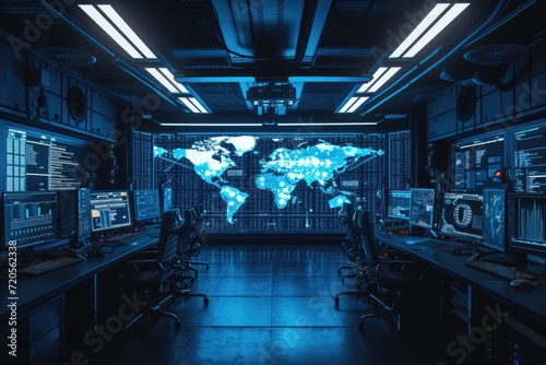 High-tech military operation center with world map displays. Futuristic control room. Global surveillance and command center concept. photo