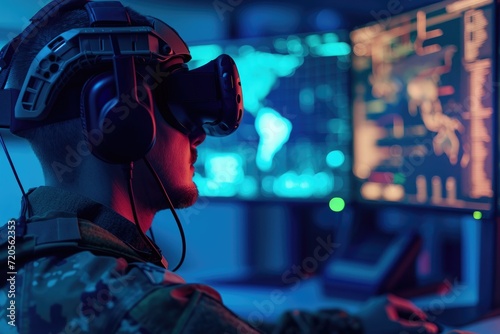 Military personnel using virtual reality. Modern warfare training and cyber technology concept. Futuristic army and police. Design for banner, poster, wallpaper